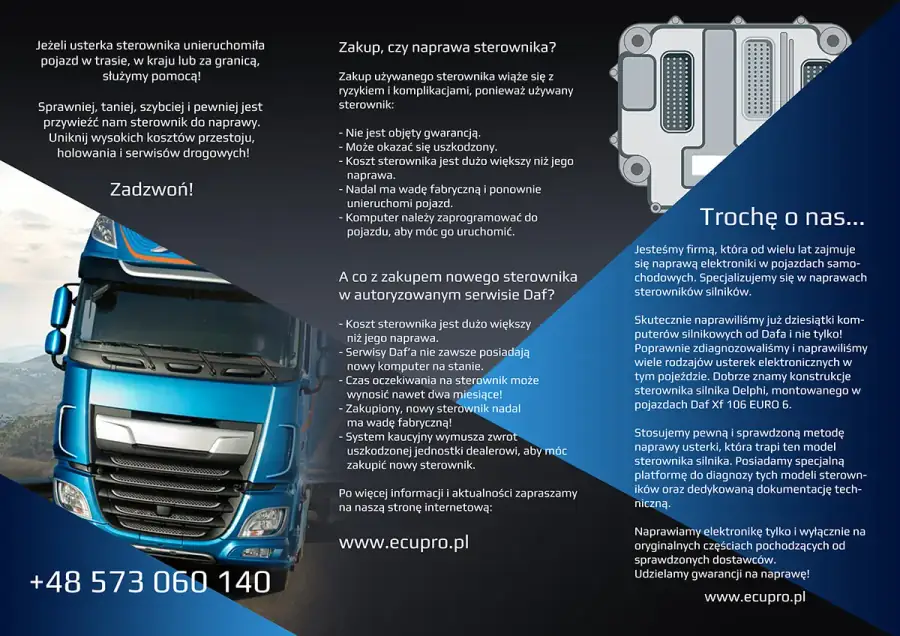 Ulotka informacyjna o naprawie sterownika DAF XF 106